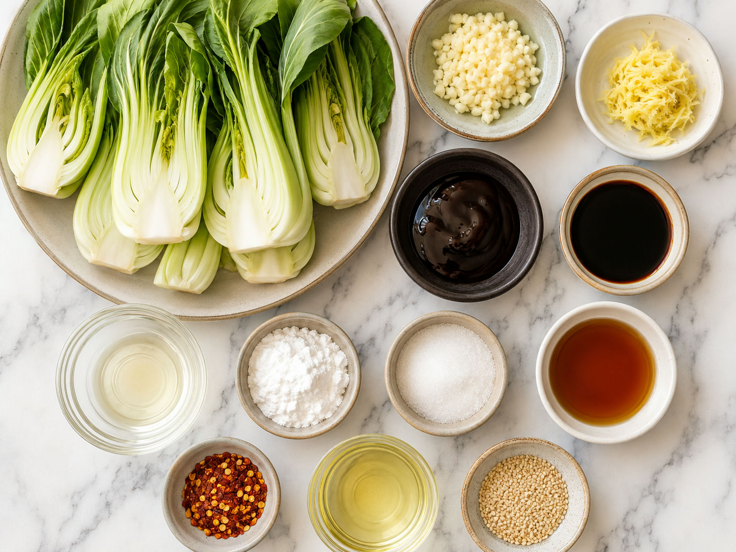 Ingredients for bok choy in garlic oyster sauce on a light counter