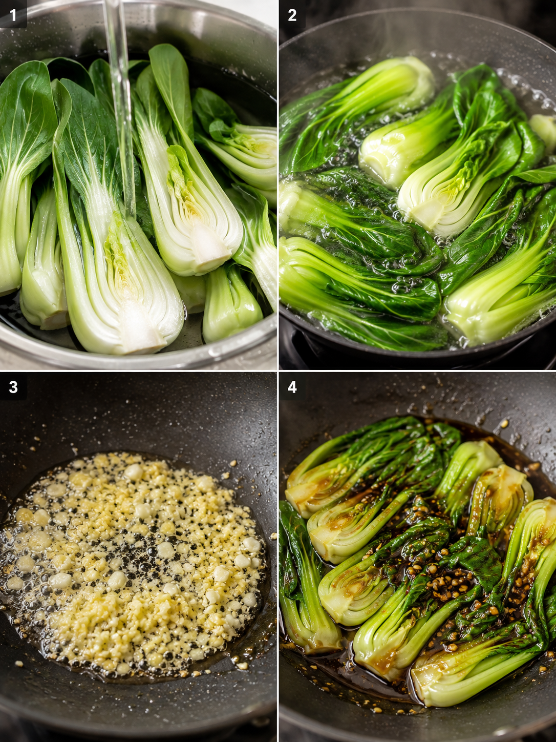 Four cooking steps for bok choy with garlic oyster sauce