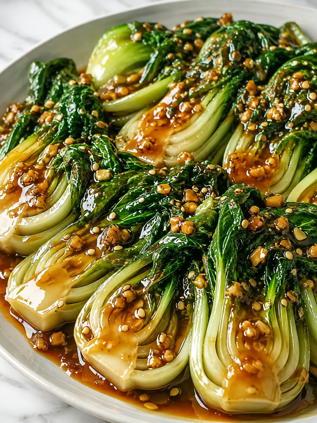 Glossy bok choy in garlic oyster sauce with sesame seeds