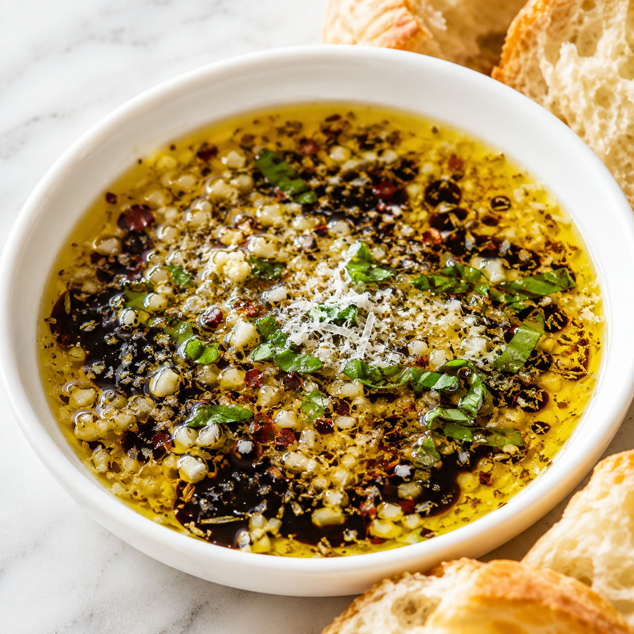Garlic herb bread dipping oil with Parmesan and warm crusty bread