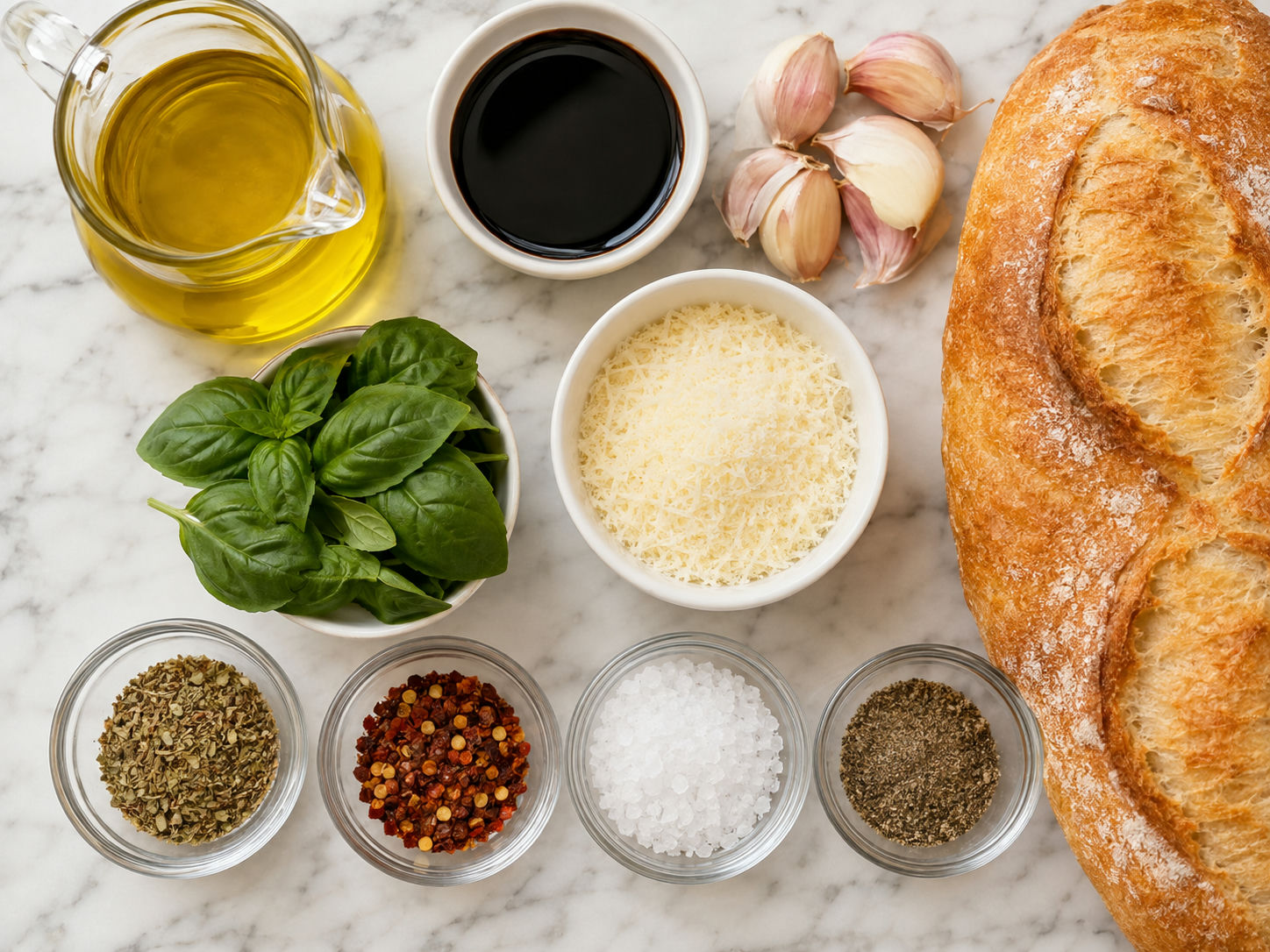 Ingredients for garlic herb bread dipping oil with Parmesan and bread