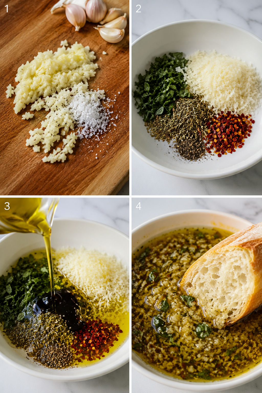 Four steps for making garlic herb bread dipping oil