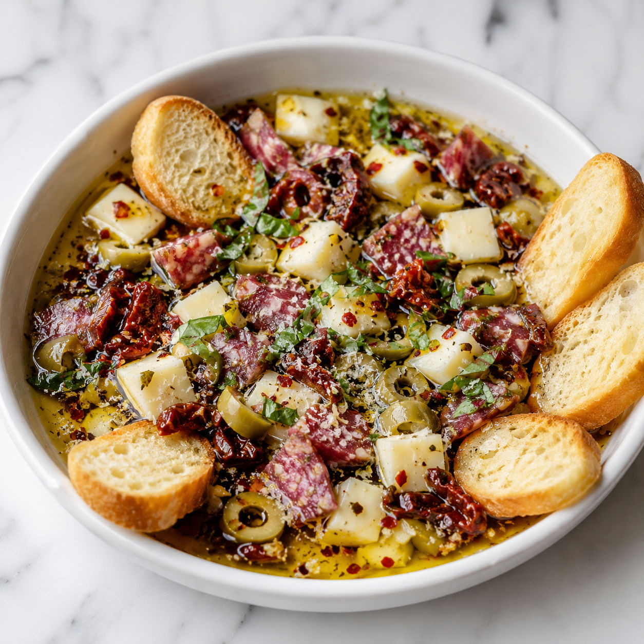 Loaded bread dipping oil with salami, Havarti, olives, basil, and toasted bread
