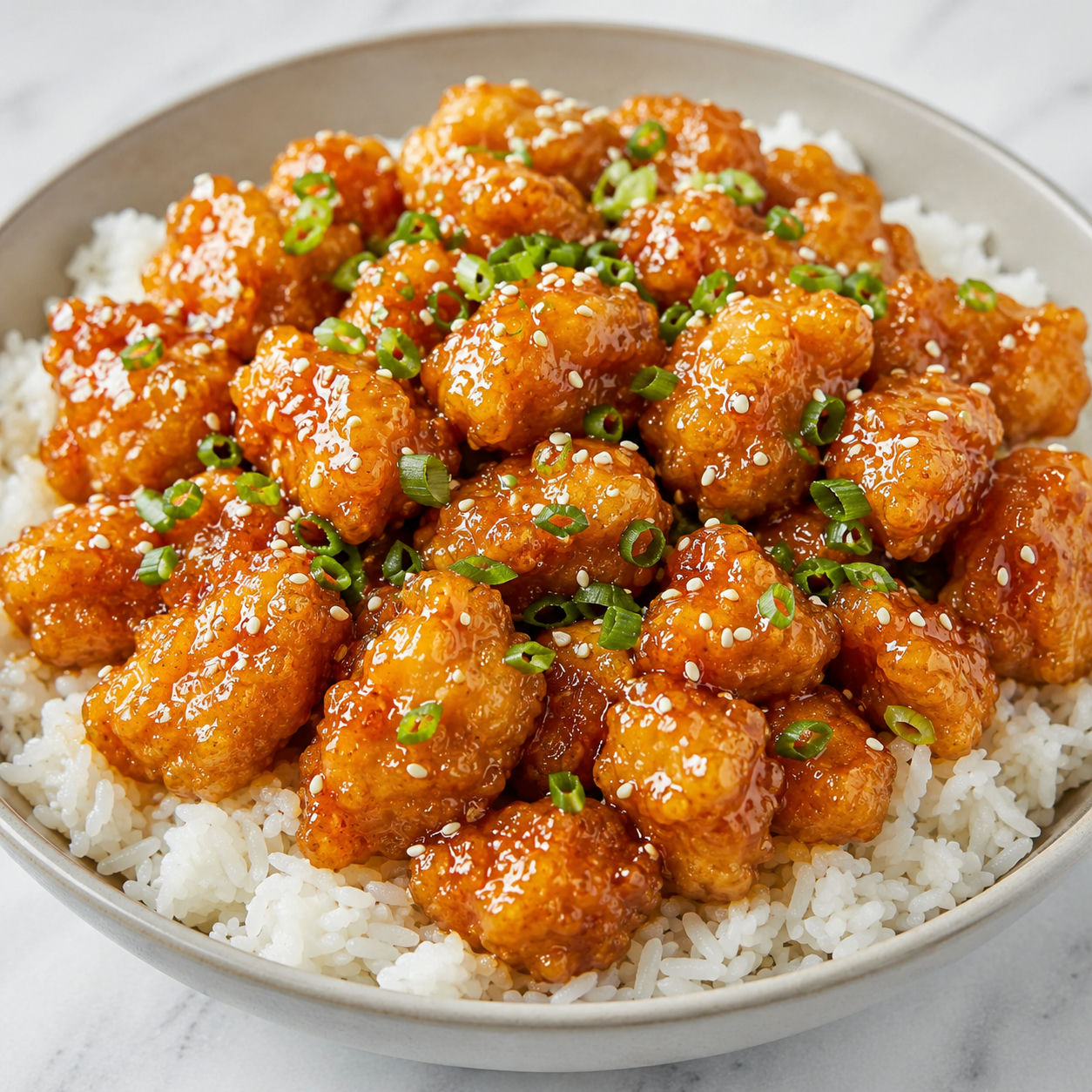 Glossy orange chicken over rice with scallions and sesame seeds