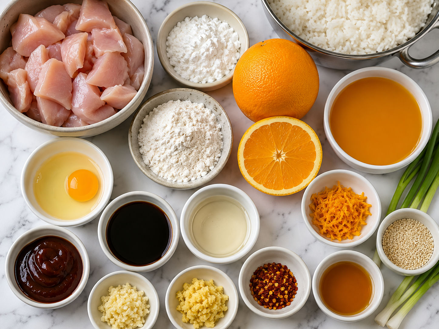 Ingredients for orange chicken with oranges, chicken, sauces, and scallions