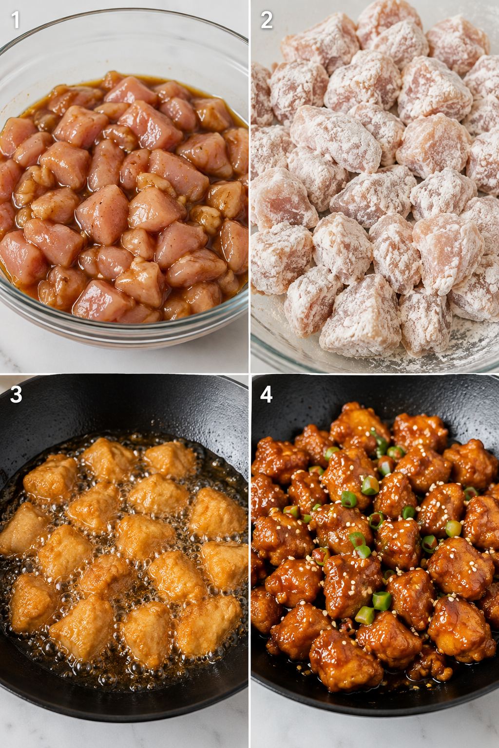 Four steps for making orange chicken from coating to saucing