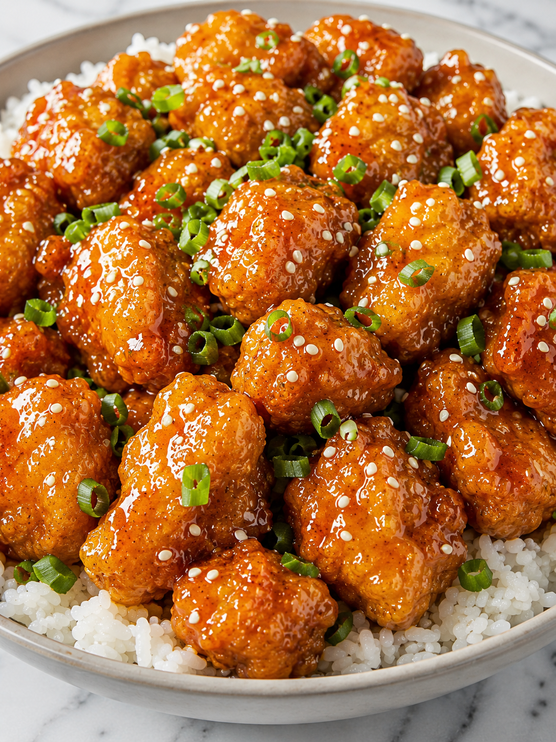 Takeout-style orange chicken piled over rice with scallions