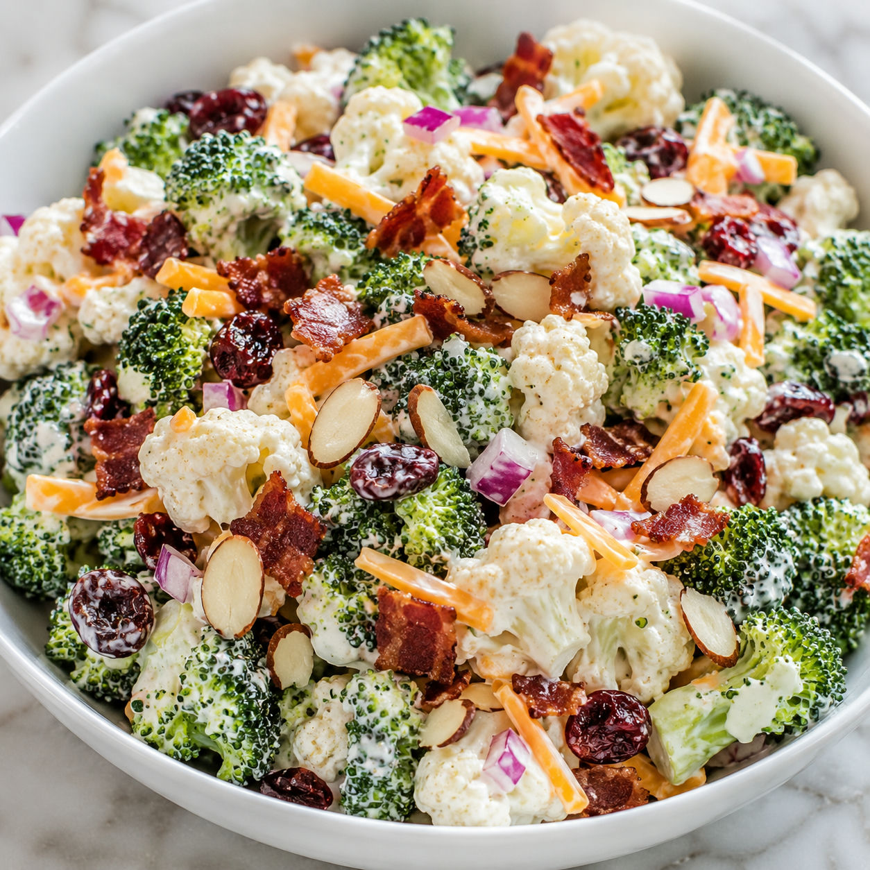 Broccoli cauliflower salad with bacon, cheddar, cranberries, and almonds