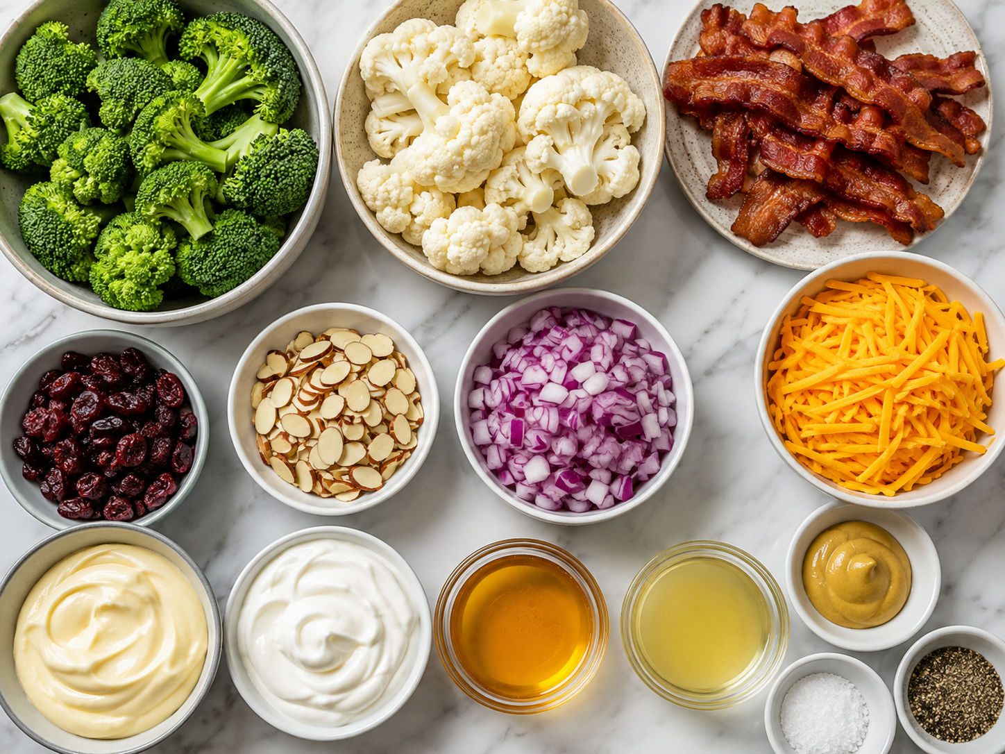 Ingredients for broccoli cauliflower salad arranged on a light wood surface