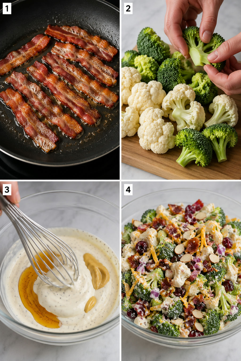 Four steps for making broccoli cauliflower salad with creamy dressing