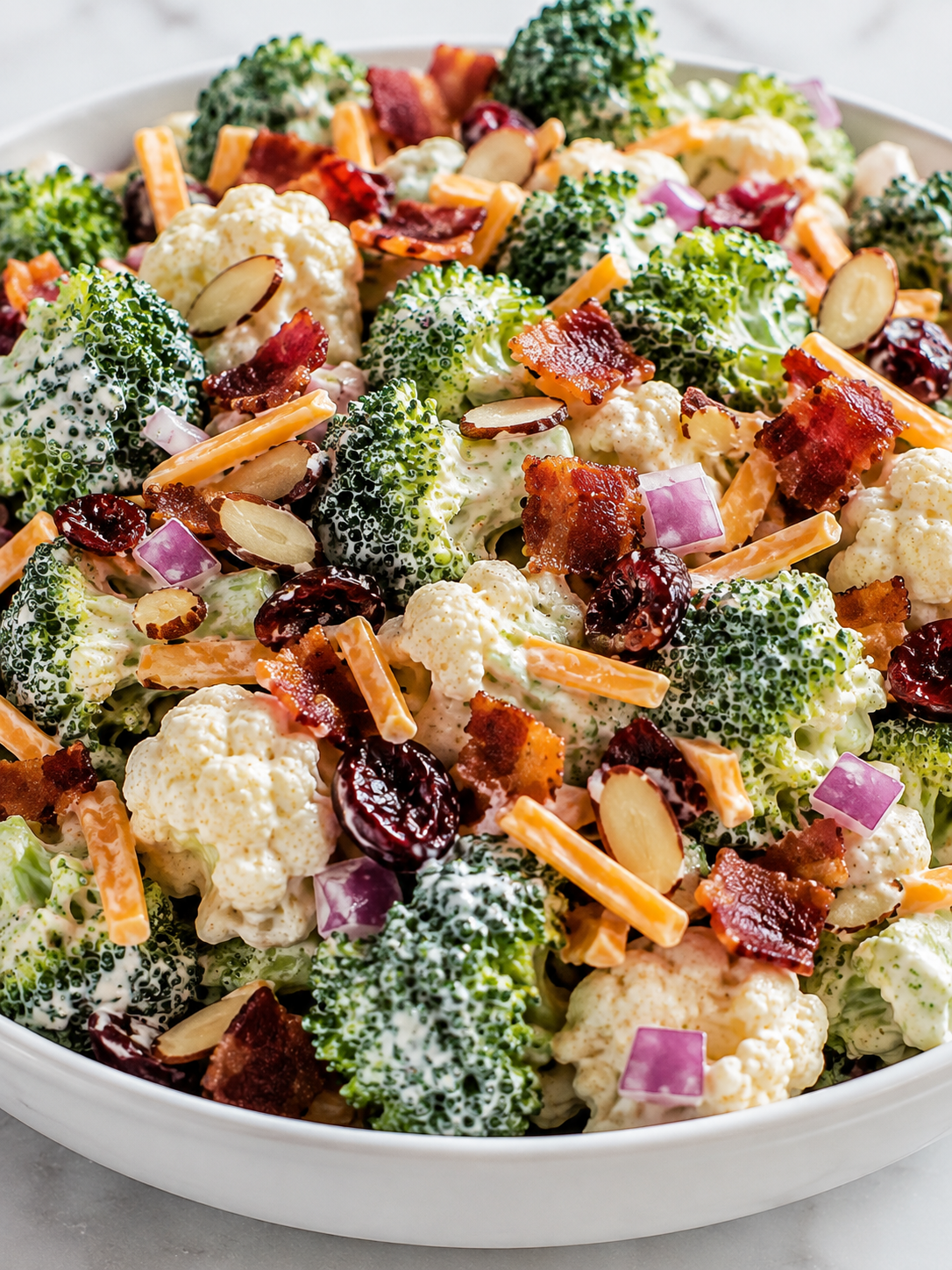 Creamy broccoli cauliflower salad filling a bowl with bacon and cheddar