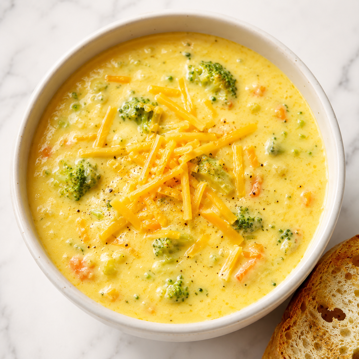 Broccoli Cheddar Soup with shredded cheddar and toasted bread