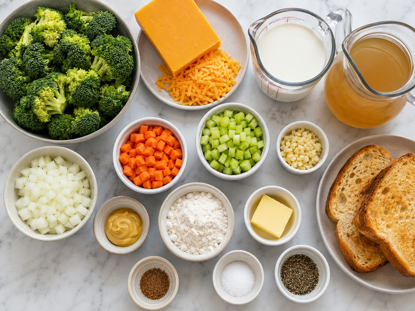 Ingredients for Broccoli Cheddar Soup with broccoli, cheddar, milk, and vegetables