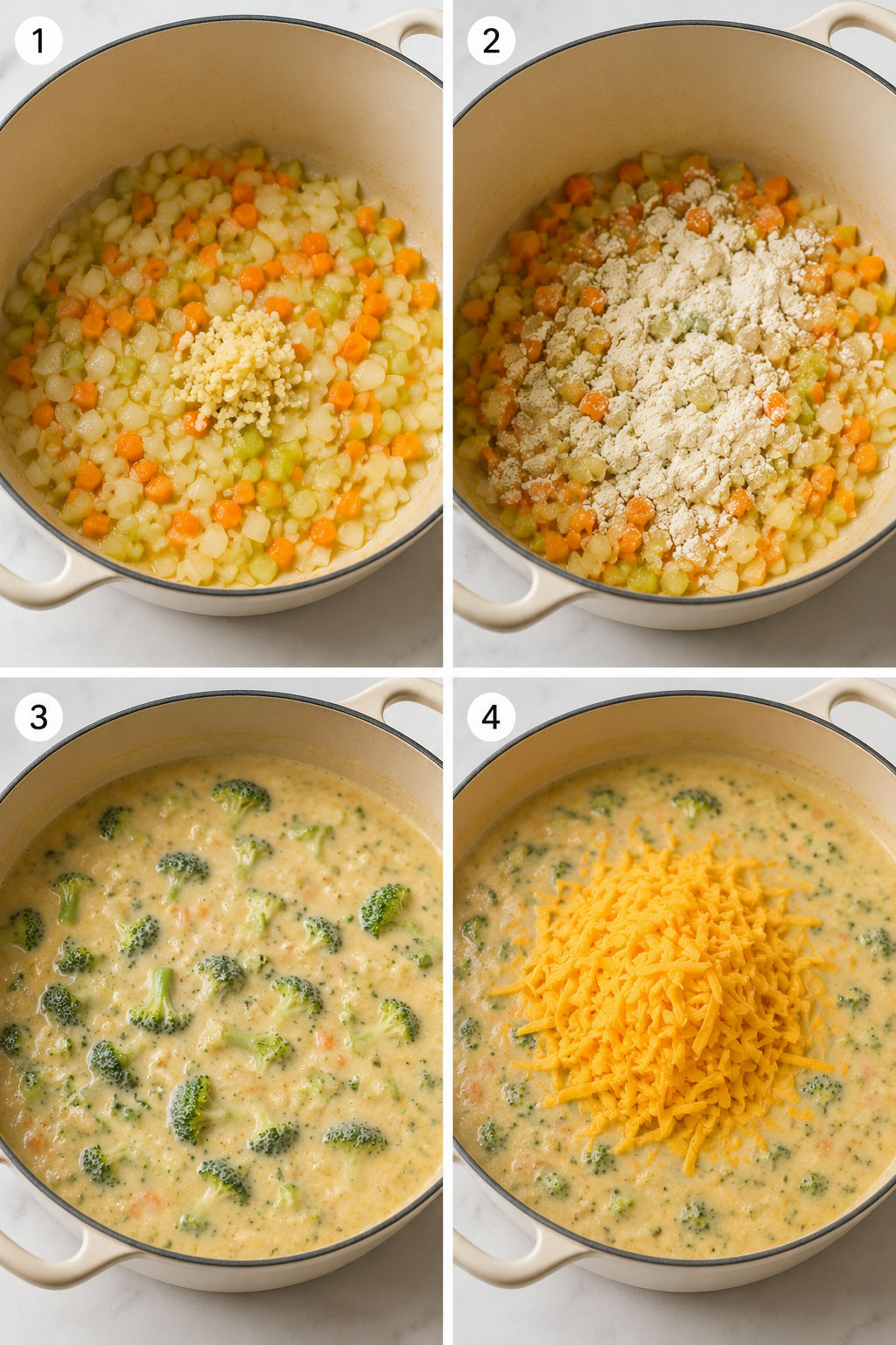 Four cooking steps for Broccoli Cheddar Soup from vegetables to melted cheese