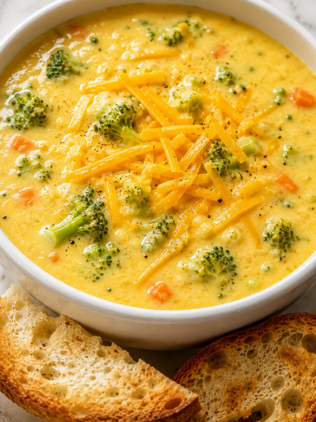Broccoli Cheddar Soup with melted cheddar, broccoli florets, and toasted bread
