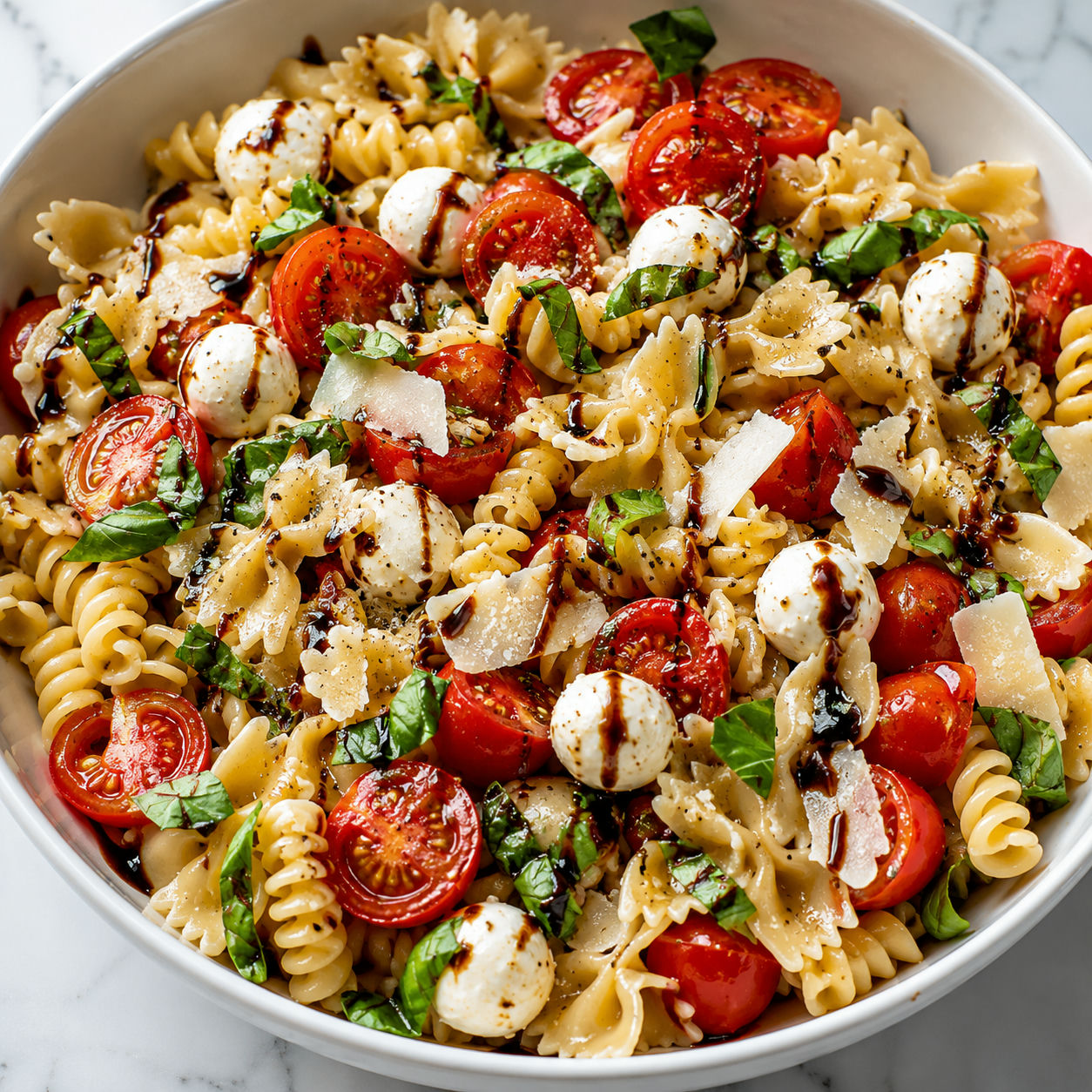 Bruschetta pasta salad with tomatoes, mozzarella, basil, and balsamic glaze