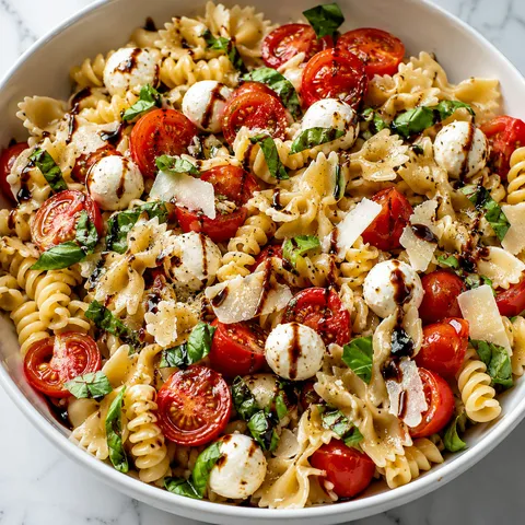 Bruschetta pasta salad with tomatoes, mozzarella, basil, and balsamic glaze