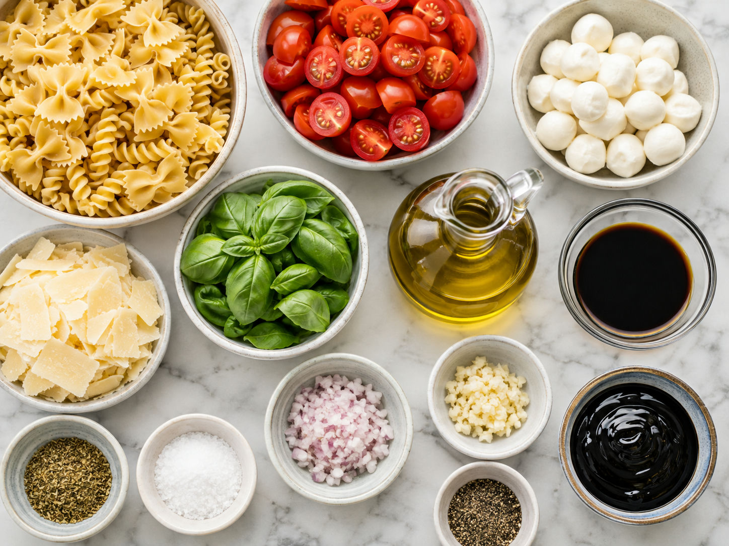 Ingredients for bruschetta pasta salad with pasta, tomatoes, mozzarella, and basil
