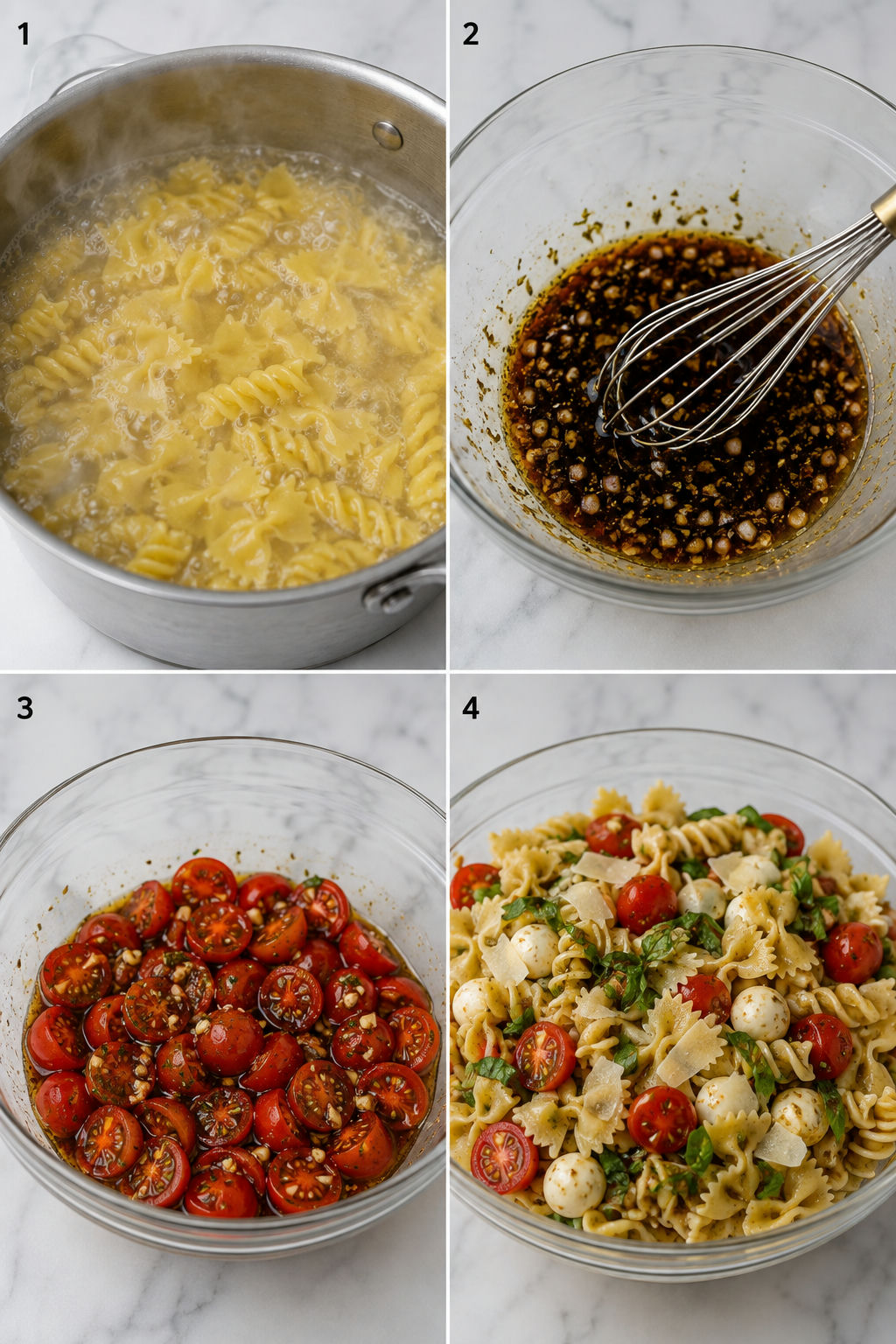 Four steps for making bruschetta pasta salad from boiling pasta to tossing