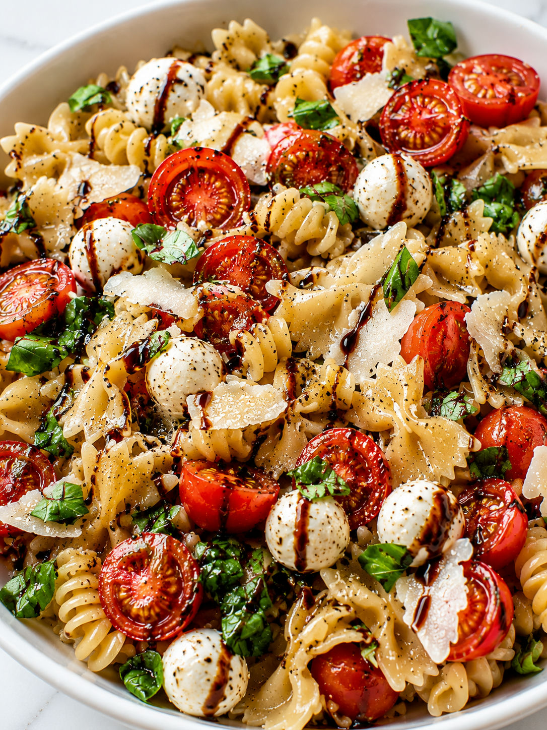 Bruschetta pasta salad filling the frame with tomatoes, mozzarella, and basil