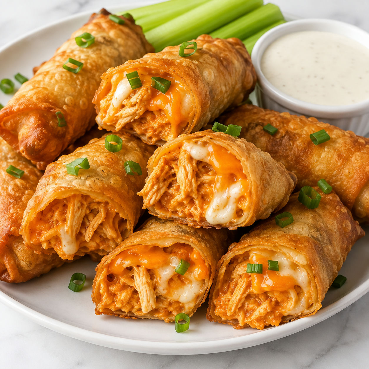 Buffalo chicken egg rolls with creamy orange filling and ranch dip