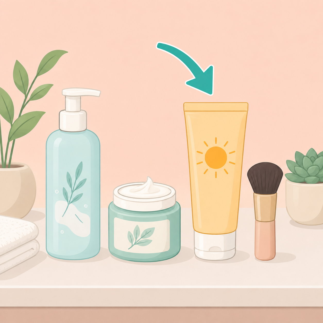 Simple beauty routine with cleanser, moisturizer, sunscreen, and makeup tools on a pastel background.