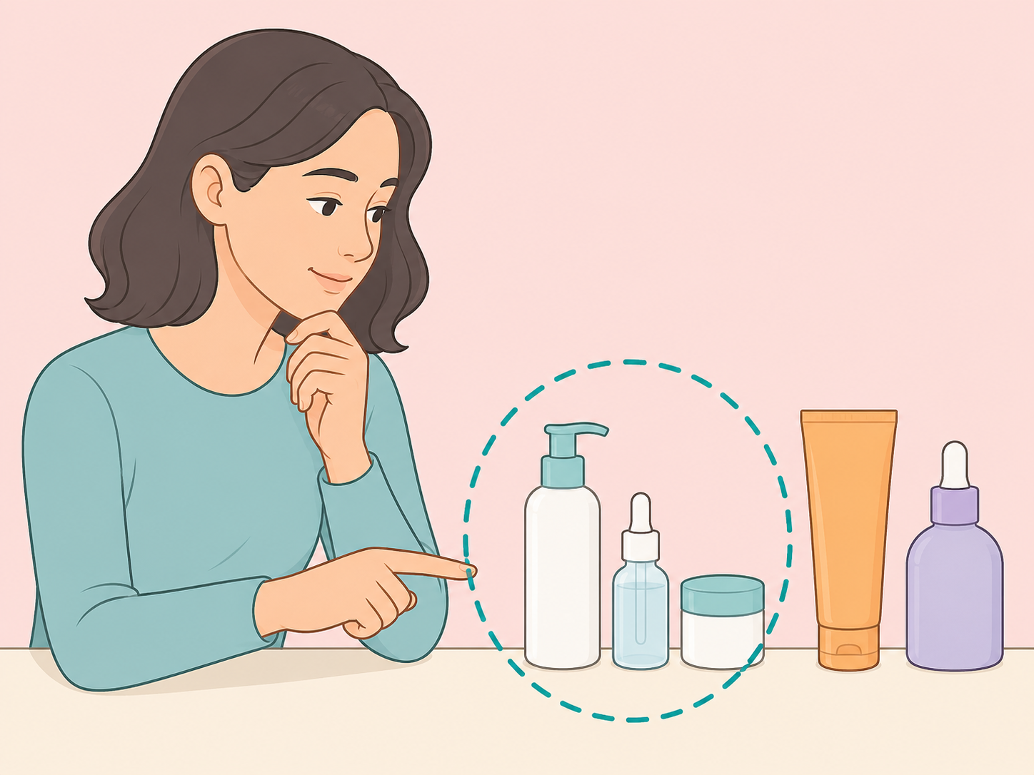 Person choosing a simple set of skin care products for their needs.