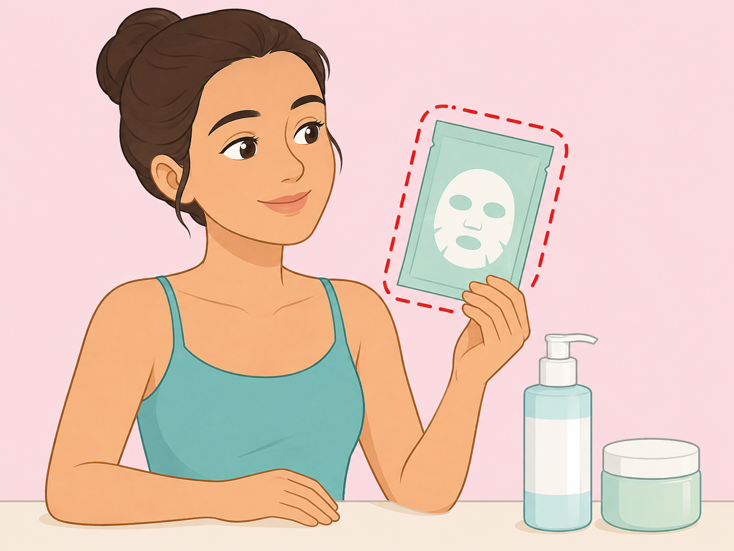 Person using a facial mask sparingly as an optional beauty routine extra.