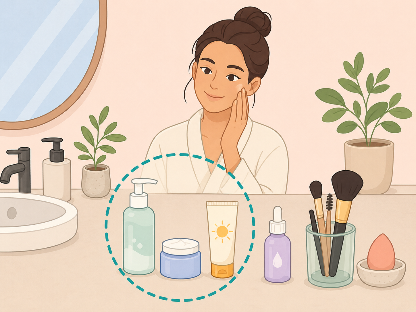 Illustration of a simple beauty routine with cleanser, moisturizer, sunscreen, and clean makeup tools.
