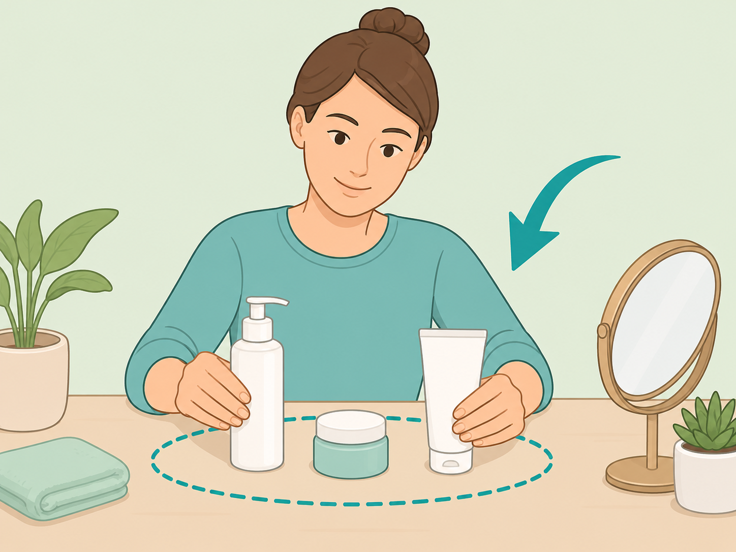 Person arranging cleanser, moisturizer, and sunscreen as the basic beauty routine.