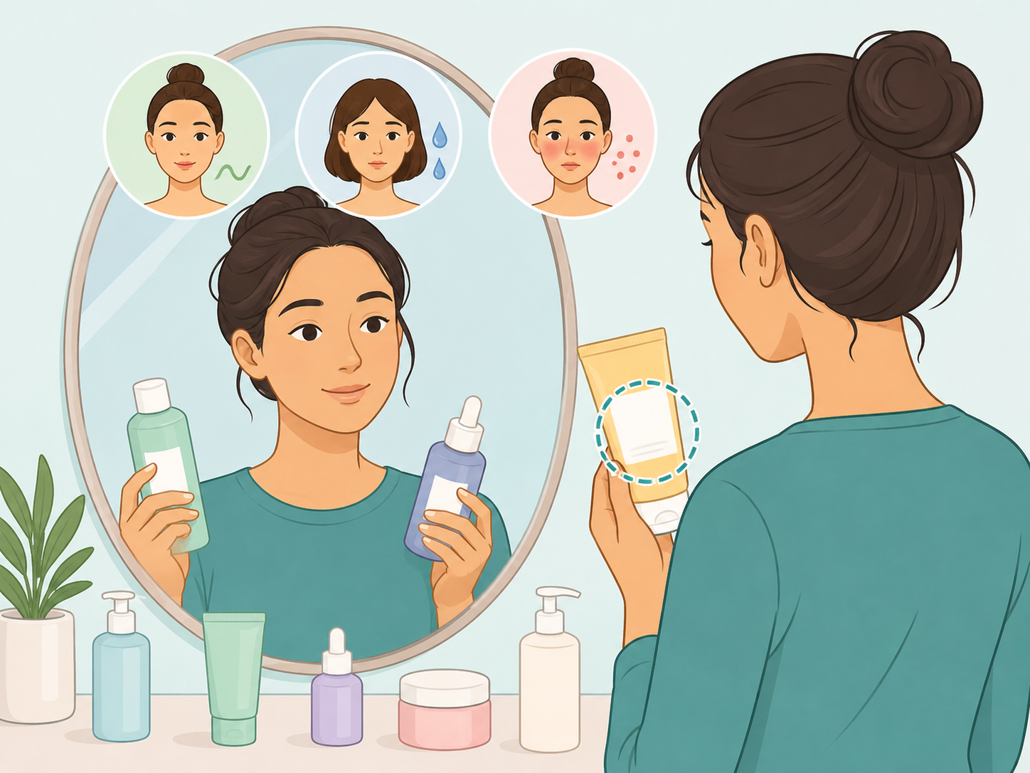 Person choosing skin care products that match their skin type.