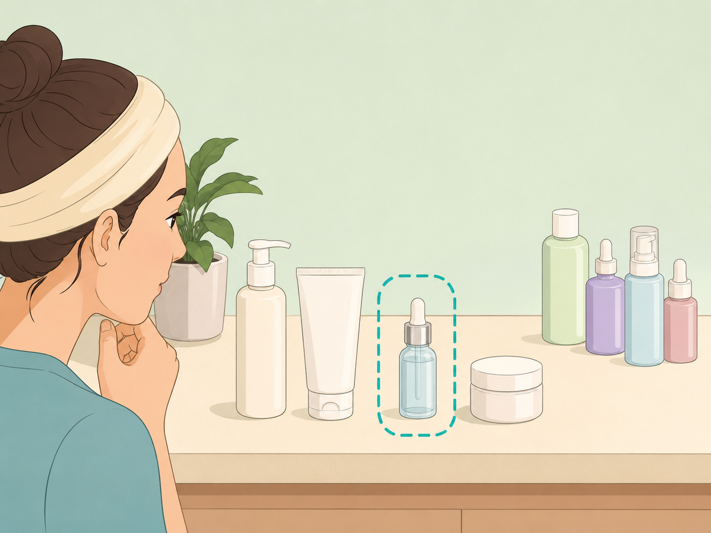 One targeted skin care product added to a simple routine while extra products are set aside.