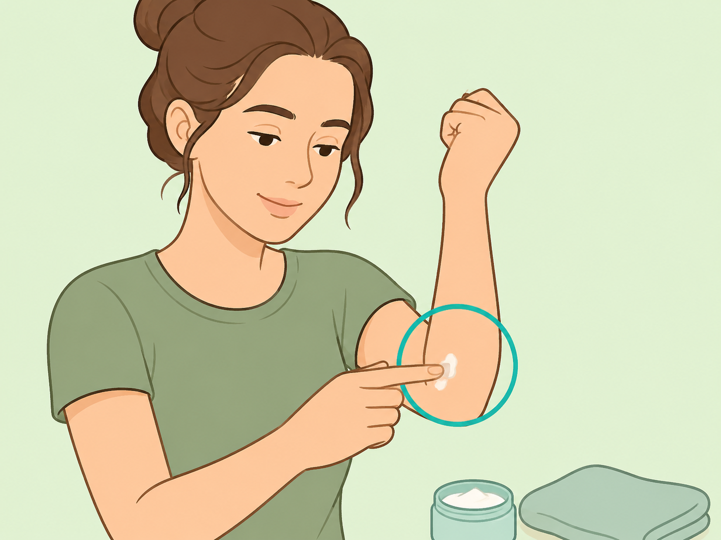 Person testing a new skin care product on the inside of the elbow.