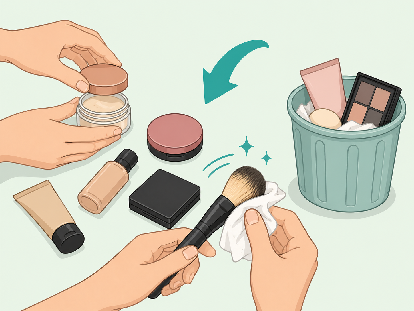 Hands cleaning makeup tools and closing cosmetic containers.