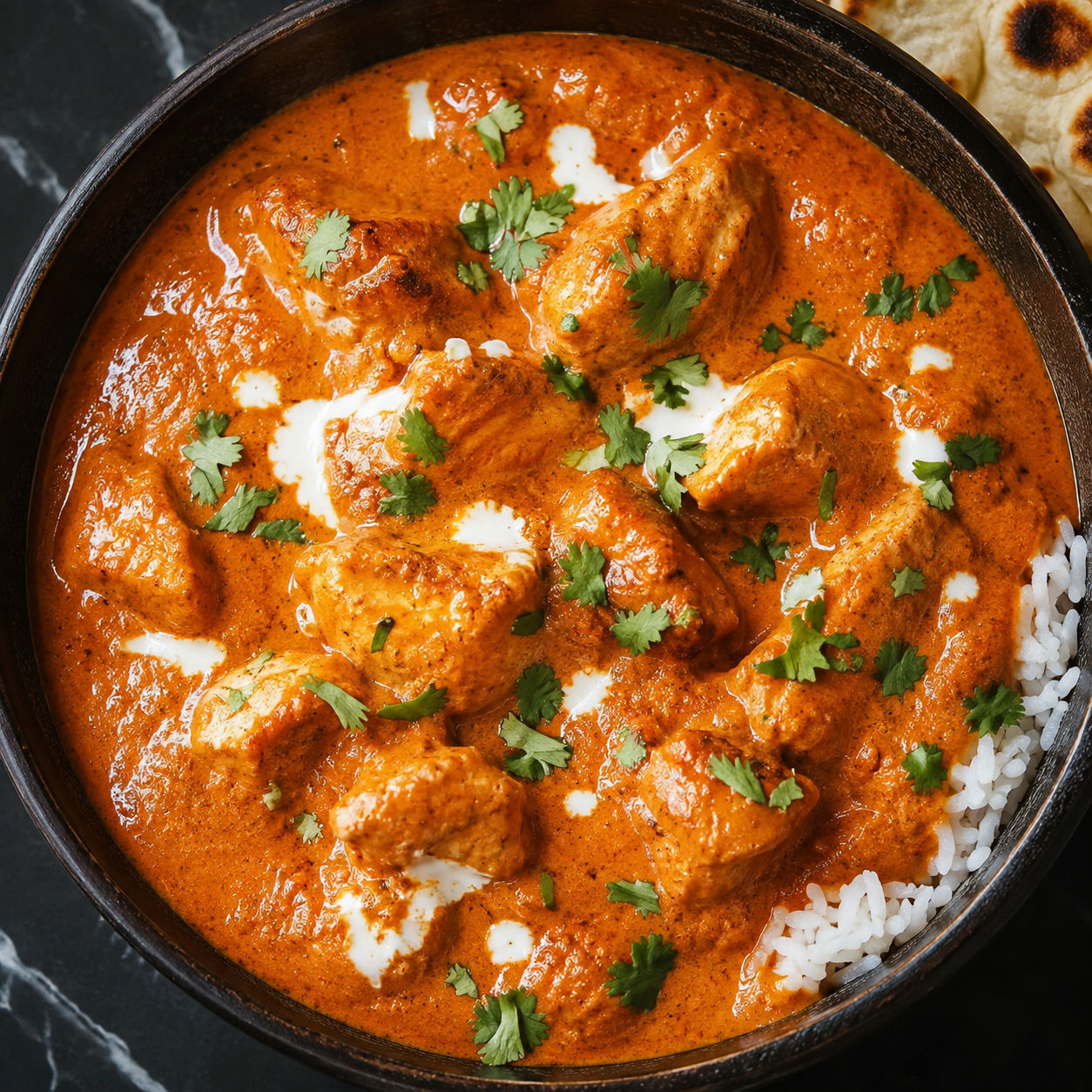 Butter Chicken in creamy tomato sauce with cilantro and cream swirls