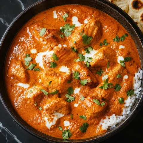 Butter Chicken in creamy tomato sauce with cilantro and cream swirls