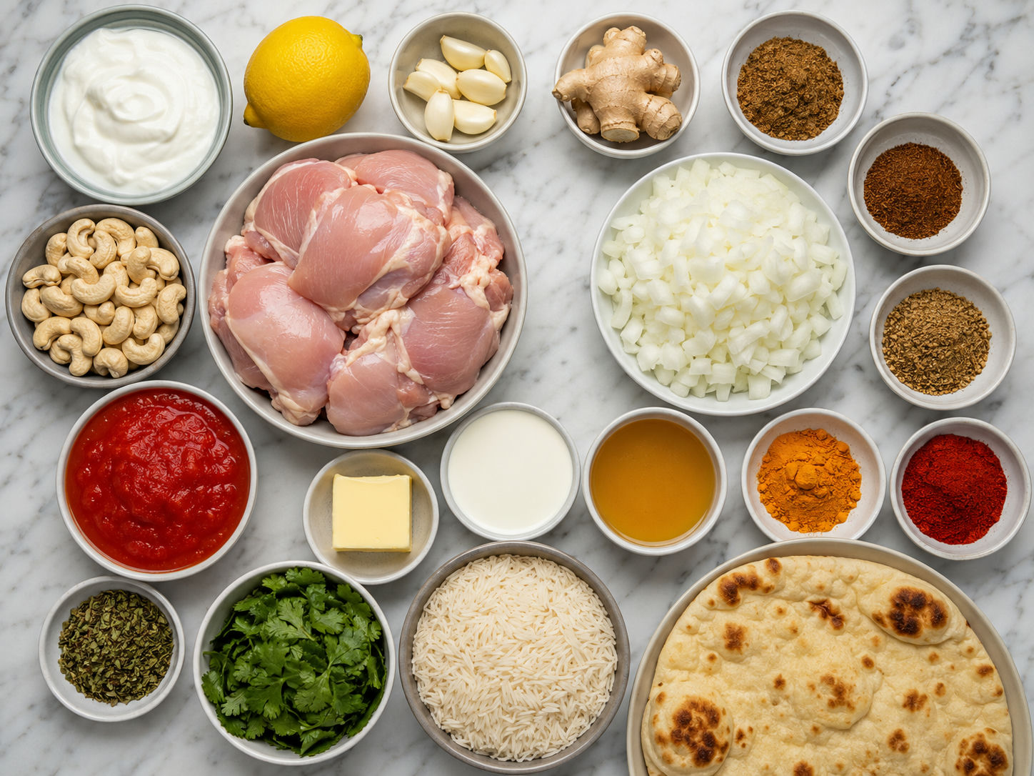 Ingredients for Butter Chicken with yogurt, spices, tomato, cream, and chicken