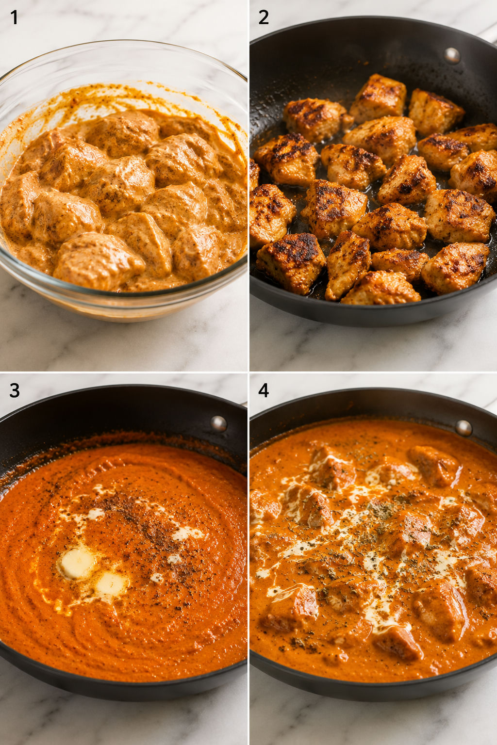 Four cooking steps for Butter Chicken from marinade to creamy sauce