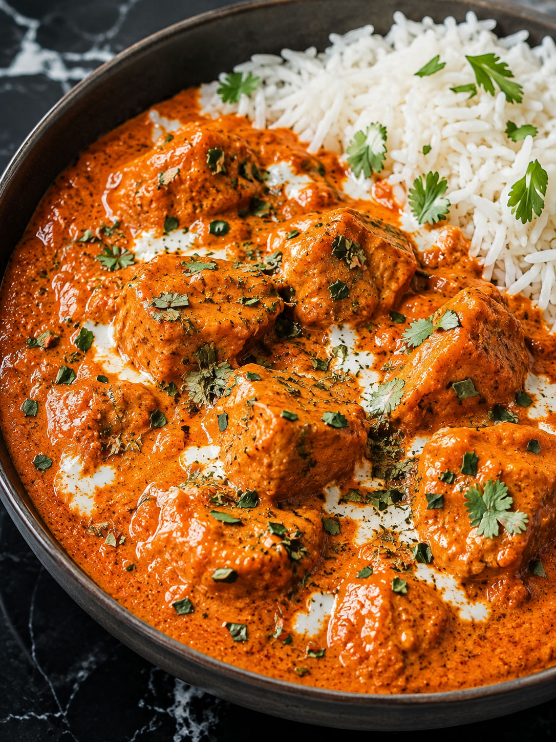 Creamy Butter Chicken with cilantro, cream swirls, and basmati rice