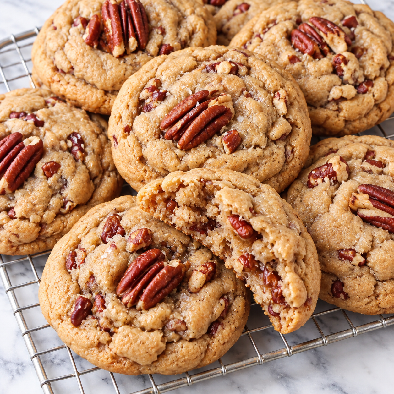 Butter Pecan Cookies with toasted pecans on a cooling rack