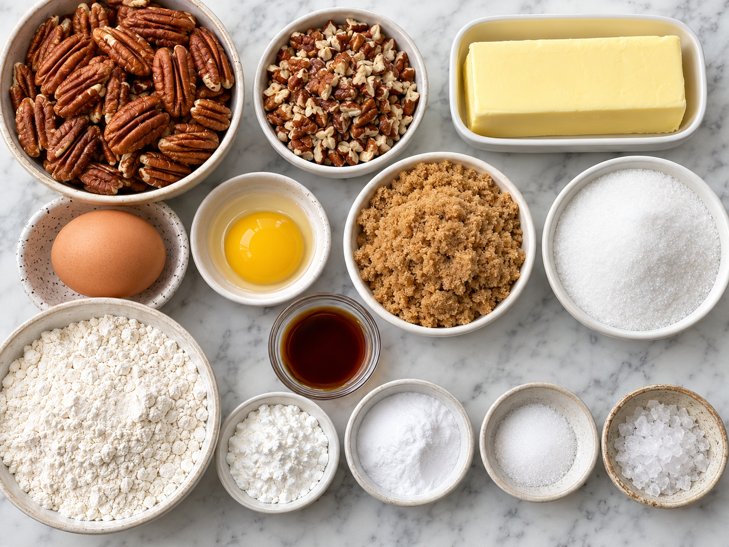 Butter Pecan Cookies ingredients with pecans, butter, sugars, egg, and flour