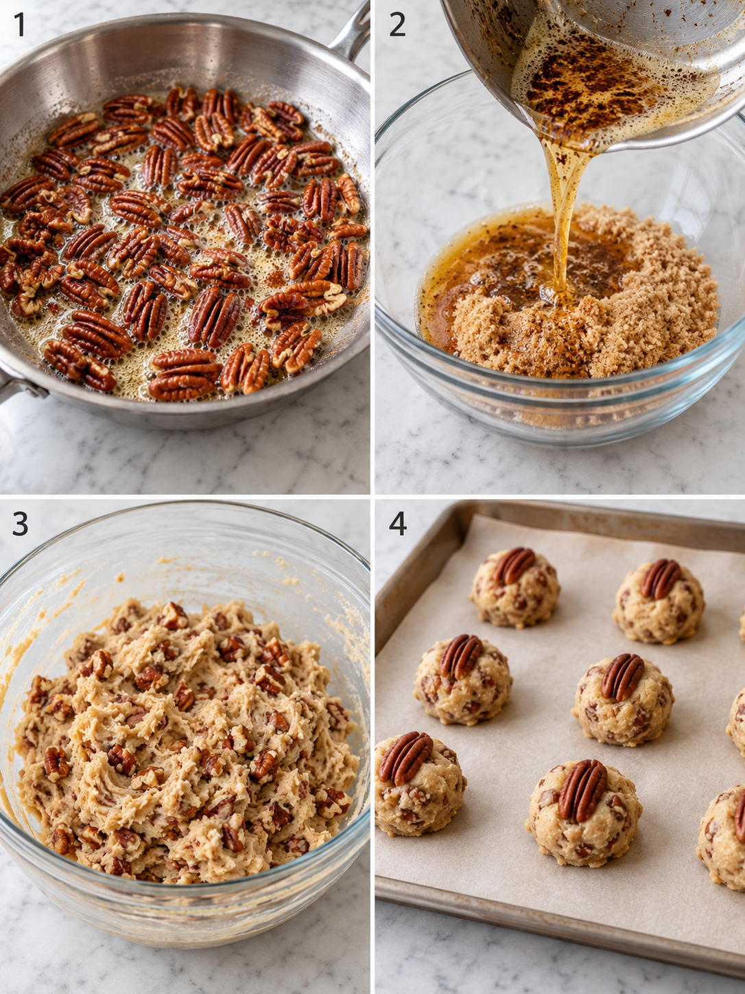 Steps for making Butter Pecan Cookies with toasted pecans and dough