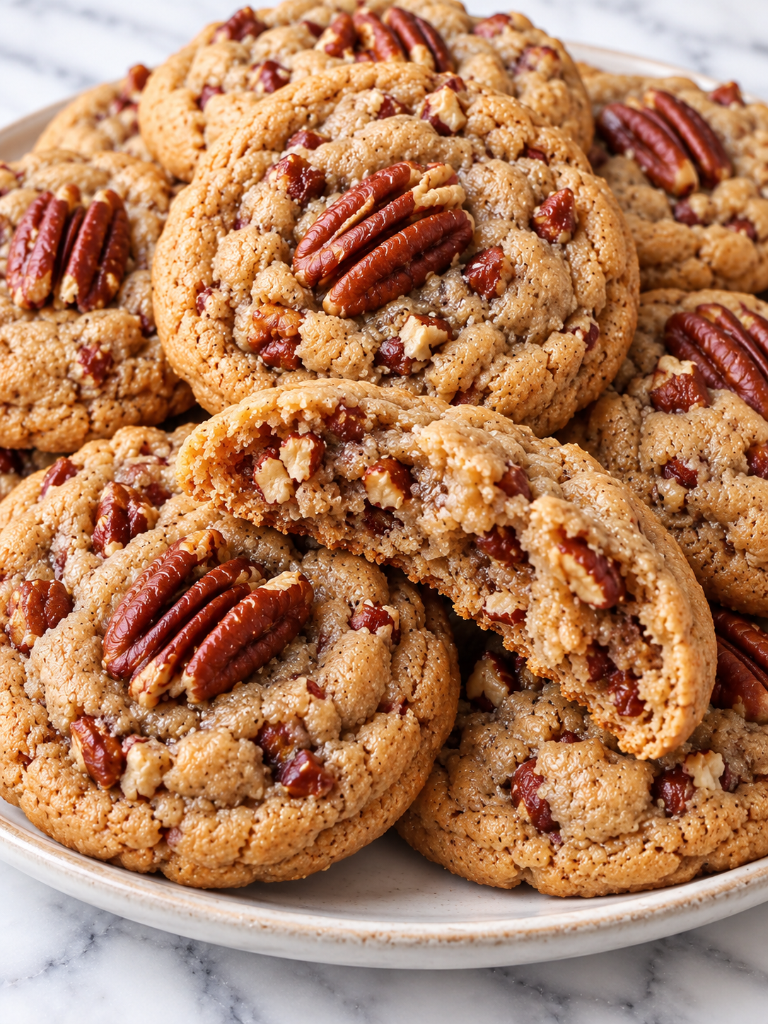 Golden Butter Pecan Cookies piled on a plate with one broken open