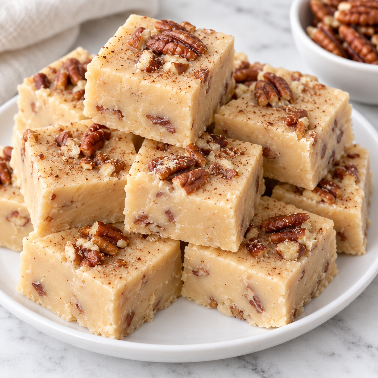Buttered Rum Fudge squares with toasted pecans on parchment