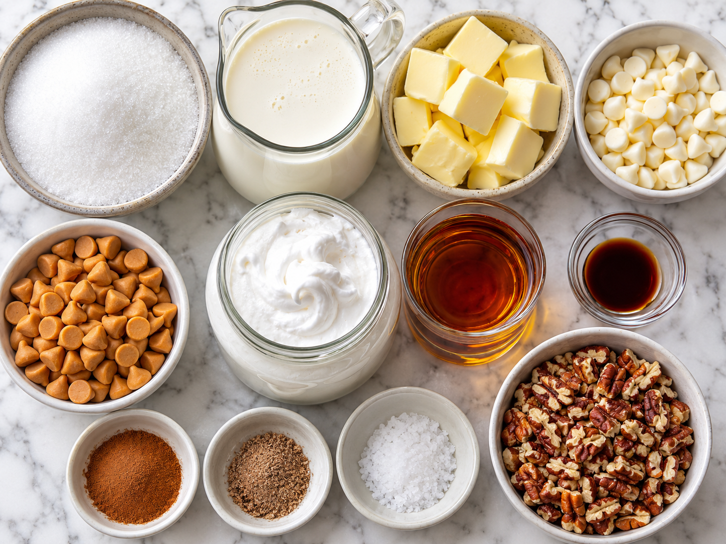 Ingredients for Buttered Rum Fudge with white chocolate and pecans