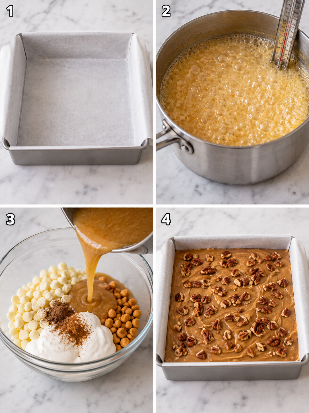Four cooking steps for Buttered Rum Fudge with pecans