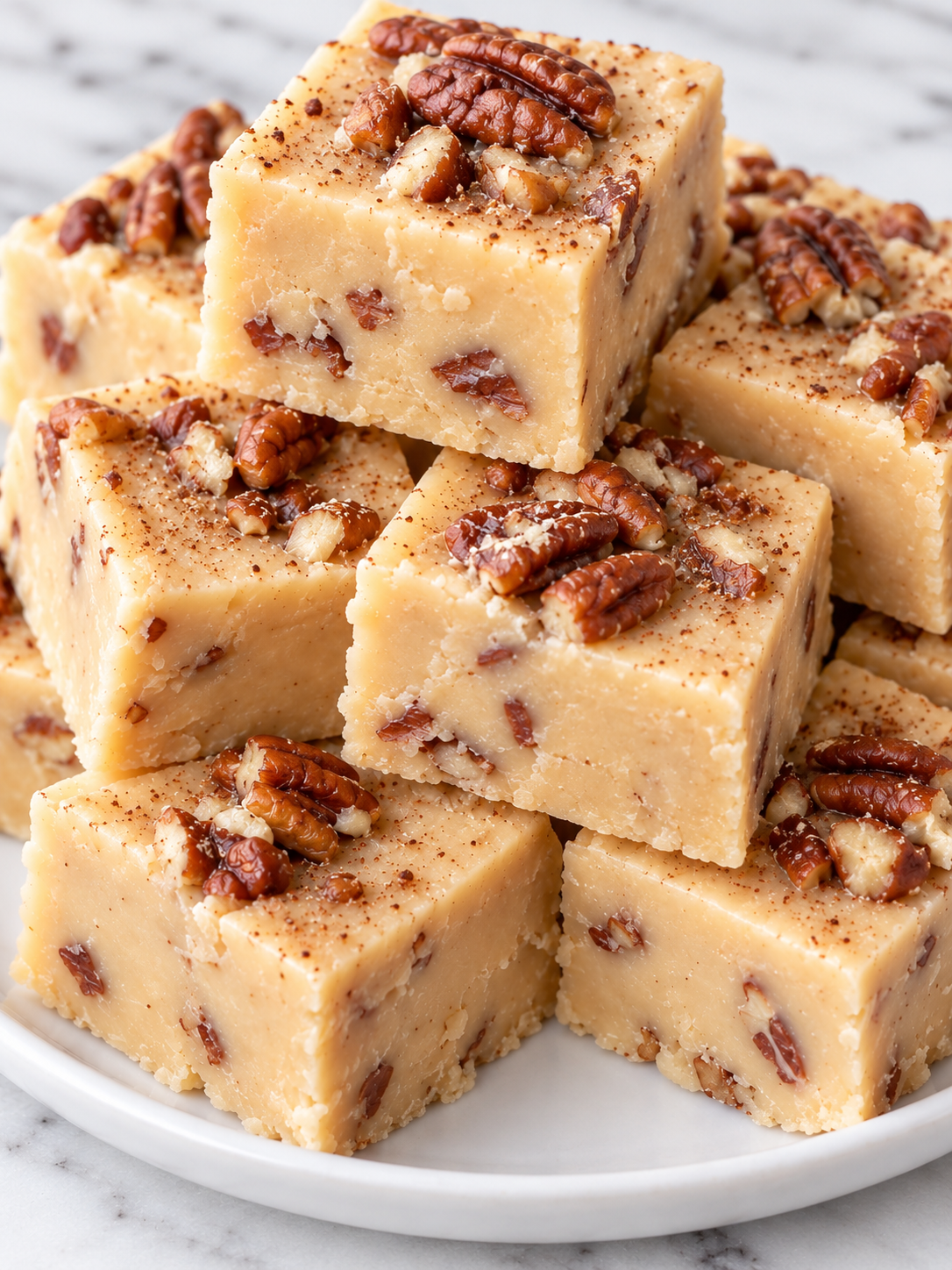 Stacked Buttered Rum Fudge squares with toasted pecans