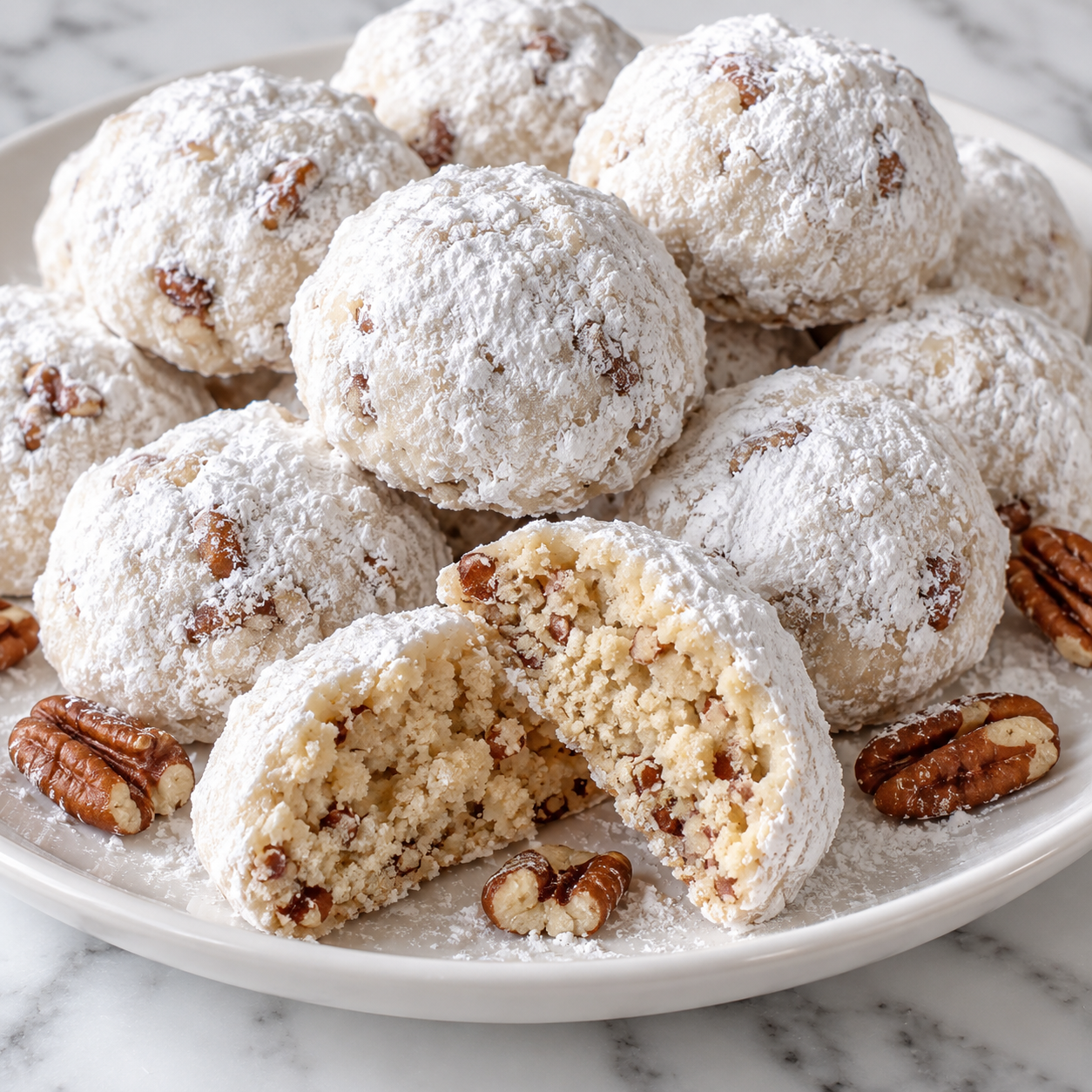 Buttery pecan snowball cookies dusted with powdered sugar on a white plate