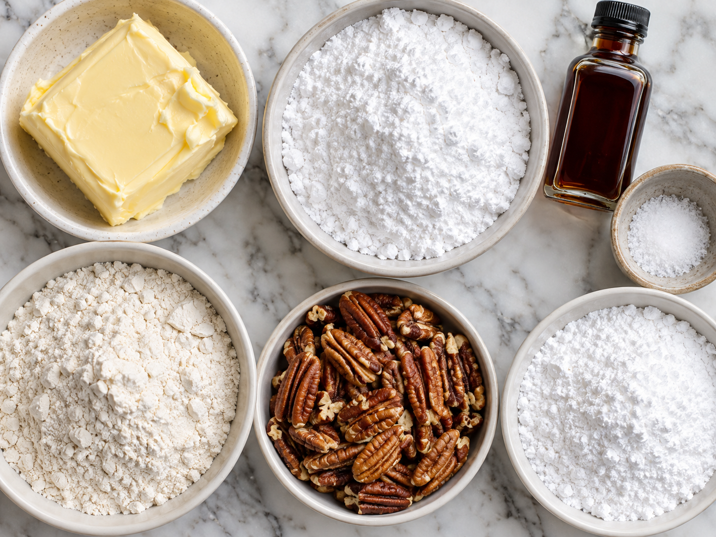 Butter, pecans, flour, vanilla, salt, and powdered sugar for snowball cookies
