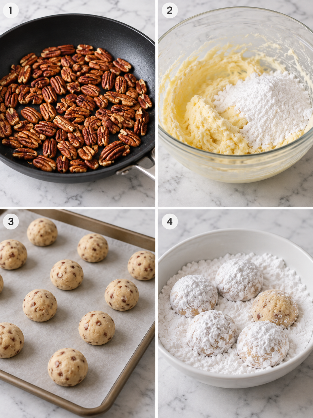 Four steps for making pecan snowball cookies from toasting to sugar coating